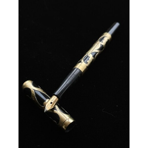 WARRENITED 14K Nib Fountain Pen Unmarked Black Body With Gold Filigree Overlay - Picture 3 of 5